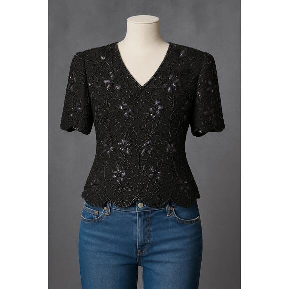Vintage 80s Short-Sleeve Black Beaded Silk Top Sequin Blouse M - Picture 1 of 7